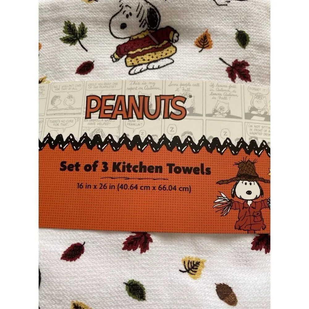 3 Pack Peanuts Snoopy Chunky‎ Sweater Fall Autumn Leaves Kitchen Towels 16 X 26”